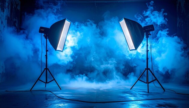 A professional studio shot of a black photographic camera and lighting equipment featuring a strobe, softbox, and umbrella stand isolated on a dark background