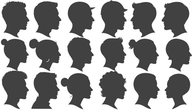 Colecci&oacute;n de Siluetas Negras de Perfiles Masculinos y Femeninos Diversos