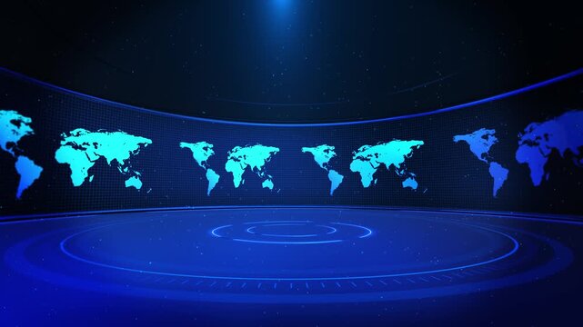 Global Digital Studio Background World Map Technology Display Wide futuristic studio scene panels global analytics. news visuals, business dashboards, international data, broadcasting backgrounds.