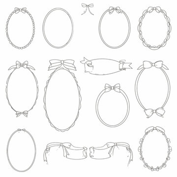 Cornici ovali e nastri disegnati a mano con fiocchi, elementi decorativi vintage per design
