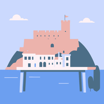 Illustrazione piatta di un castello storico su un'isola rocciosa con edifici bianchi e mare blu.