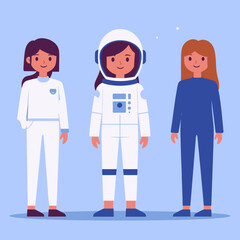 Fototapeta premium Tre donne in piedi, una astronauta con casco, una in tuta bianca, una in tuta blu, su sfondo blu.