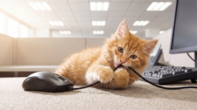 Adorable orange tabby kitten plays with computer mouse cord on office carpet