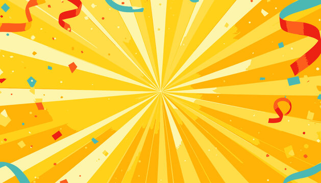 Sfondo giallo brillante con raggi di luce e coriandoli festivi, ideale per eventi e celebrazioni.