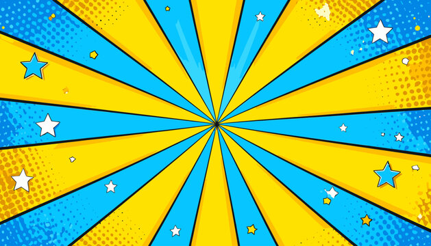 Sfondo psichedelico in stile fumetto con raggi gialli e blu e stelle, effetto esplosione