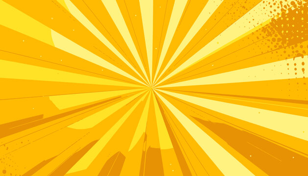 Sfondo giallo vibrante con raggi luminosi che si irradiano dal centro, arricchito da un tocco di texture grunge per un effetto dinamico e accattivante.