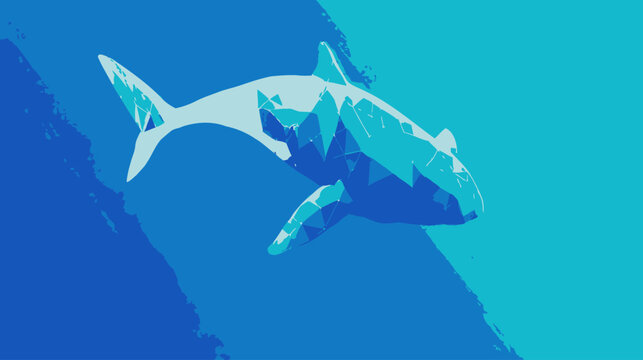 Illustrazione digitale di uno squalo stilizzato con forme geometriche e sfumature di blu, che nuota in un ambiente acquatico astratto e moderno.