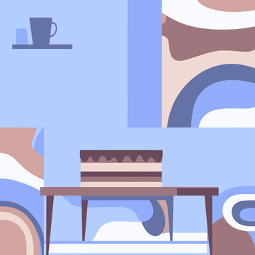 Illustrazione digitale di una torta a strati su tavolo, con sfondo astratto in colori pastello, che evoca un'atmosfera serena e moderna.