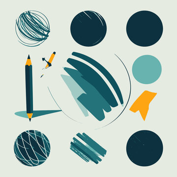 Composizione vettoriale di schizzi, cerchi e strumenti da disegno come matita ed evidenziatore, ideale per concetti di creativit&agrave; e design grafico moderno.