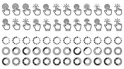 Fototapeta premium Collection of hand click cursor icons and loading progress circle graphics.