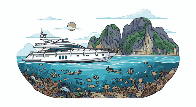 Yacht voyage over a vibrant coral reef with divers and tropical islands