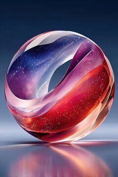 Colorful glass sculpture orb with swirling blue and pink gradient and cosmic speckle effect