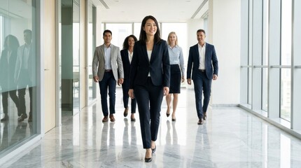 Fototapeta premium Confident Businesswoman Leading Diverse Professional Team Through Modern Corporate Hallway