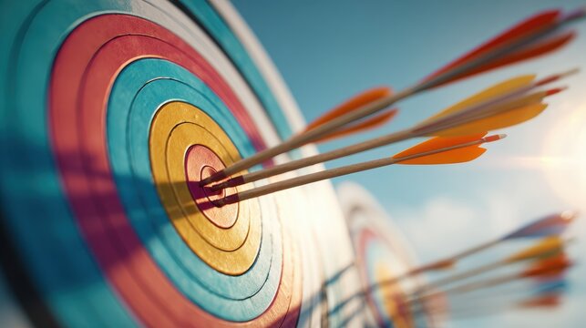 Colorful archery target with arrows in bright sun against blue sky &acirc;&euro;&ldquo; vivid 3D illustration