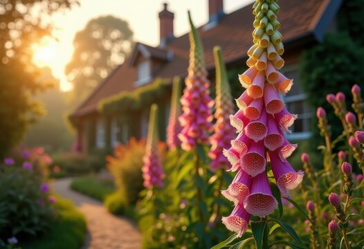 Elegant Foxglove Spires Rising Amidst Vintage Cottage Charm in a Graceful Setting
