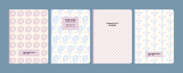 Set of floral and geometric folk style notebook covers for daily notes and productivity planners. Stationery templates © oxygen_8