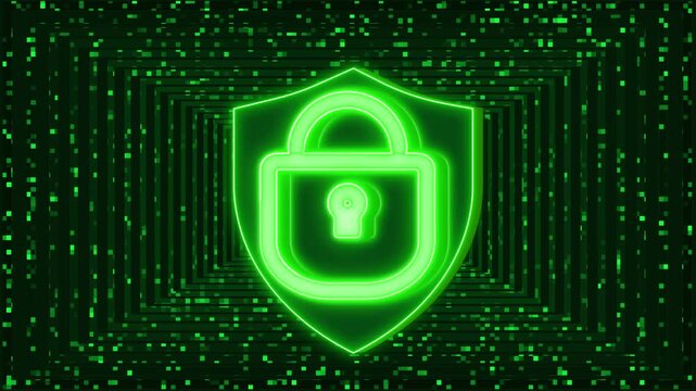 Green padlock on shield over digital matrix tunnel. Green padlock on shield for security. Green padlock on shield for online privacy and data encryption tech.