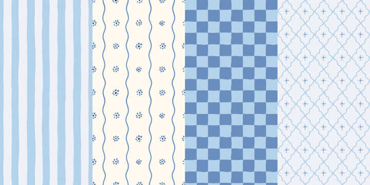Set of blue hand drawn seamless patterns in mediterranean style. Perfect for high-quality textiles, boutique branding, wallpaper, and stationery projects.