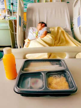 Hospital food being served at paediatrician ward, beakfast with juice.
