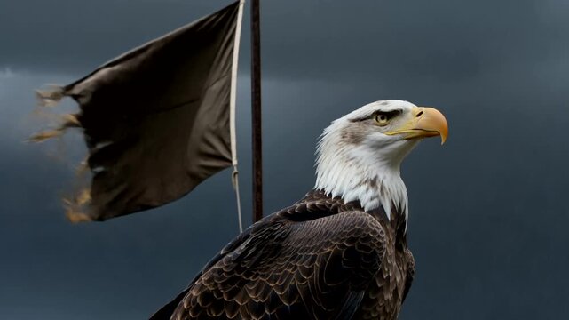 Dramatic Bald Eagle Profile with Tattered Flag and Lightning Strike under Stormy Sky