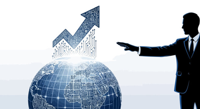 Businessman silhouetted gesturing towards world globe and growth arrow