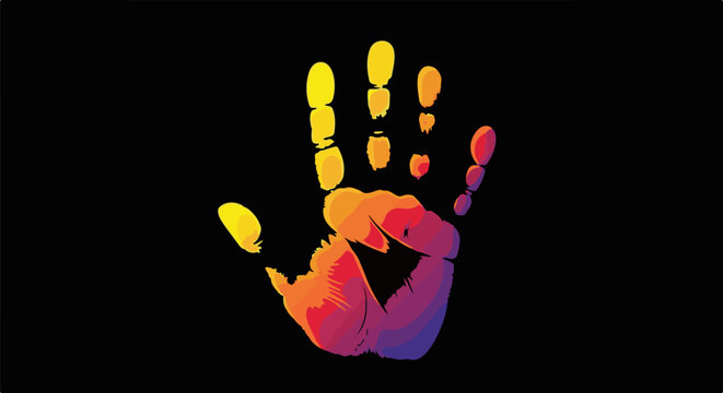 Vivid handprint with a gradient of warm to cool colors on a black background