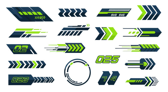 Futuristic Speedometer Graphics: Arrows, Numbers, and HUD Elements