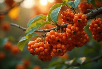 Fototapeta premium Rowan Berry Bunches Autumn Vibrance Berries Clusters Rustic Tones Tree Habitat Scenic Wonderland