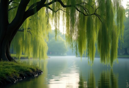 Serene Weeping Willow Tree Draped Over Tranquil Riverbank Captivating Nature Beauty