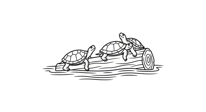 Three tortoises climbing on a log in the water, line art illustration