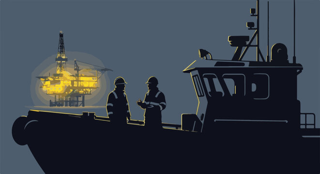 Two workers in silhouette stand on a boat, discussing a glowing offshore oil rig at dusk