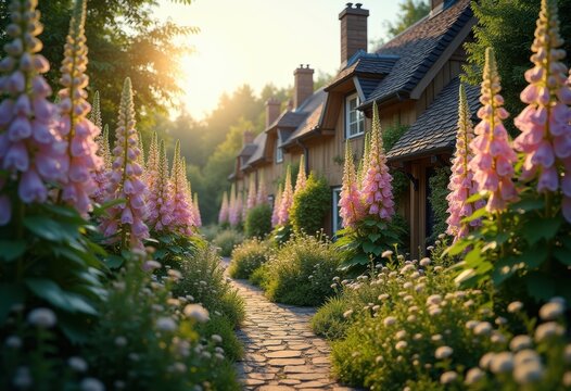 Striking Foxglove Spire Gardens Radiating Spotted Blooms Near Cozy Village Cottages