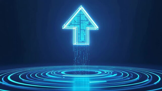 発光するアップロード矢印が上昇と光雨を同時に描く