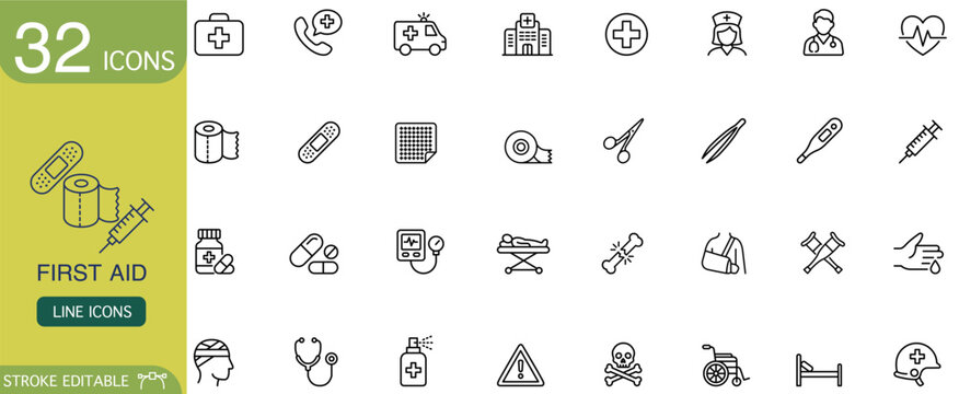 First aid medical icon line outline emergency healthcare hospital set featuring bandage syringe ambulance nurse doctor heart monitor wheelchair warning sign clinic tool