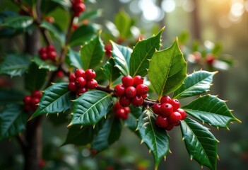 Fototapeta premium Vibrant Holly Tree with Thorny Green Leaves and Brilliant Red Berries in Serene Forest
