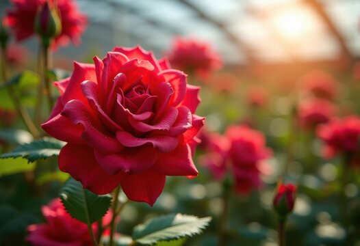 Vibrant Red Roses Thriving in Blooming Garden Bed with Rich Green Foliage Under a Clear Blue Sky
