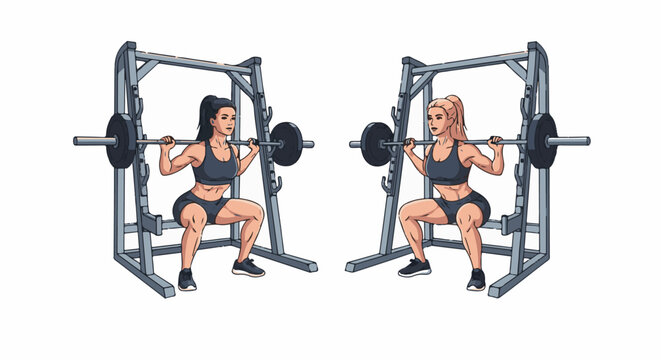 Two pixel art women perform barbell squats in smith machines on a white background