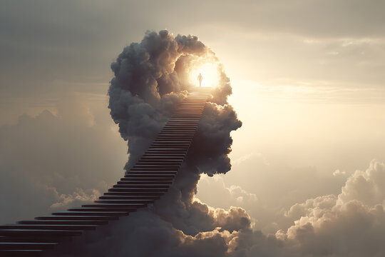 Surreal scene of a staircase leading through clouds to bright light, symbolizing mental health, hope, recovery, spiritual growth, inner journey, and overcoming darkness toward healing
