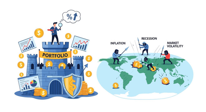 Investment portfolio protection concept against inflation recession market volatility