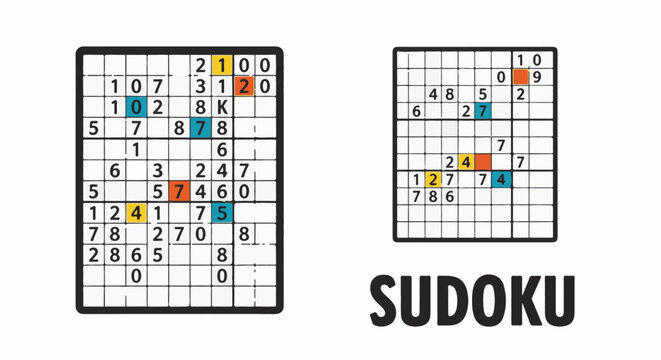 Two sudoku puzzles of varying difficulty, one with colored highlights, and the word "SUDOKU