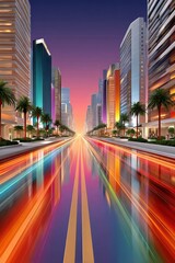 Fototapeta premium Endless neon highway through a modern city at sunset with glowing light trails and palm trees