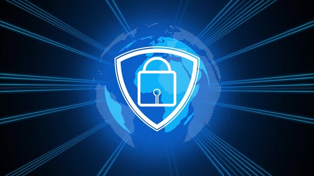 Cybersecurity concept with shield over digital globe. Cybersecurity concept for protection. Cybersecurity concept for secure internet technology and data safety.