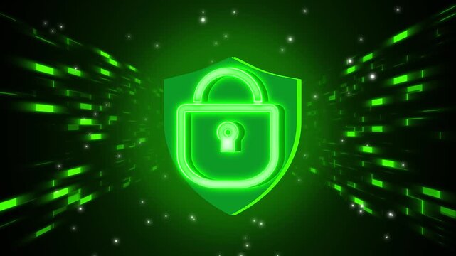 Neon green padlock inside shield with digital data streaks and particles on dark background, cyber security and encryption concept, futuristic 3d illustration.