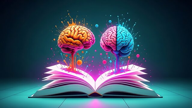 Colorful brains emerging from open book with paint splatters