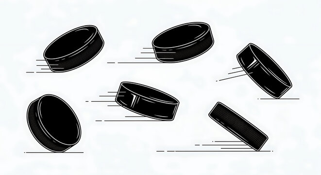 Set of five black ice hockey pucks in motion with motion blur lines on a light blue and white textured background, representing speed and gameplay