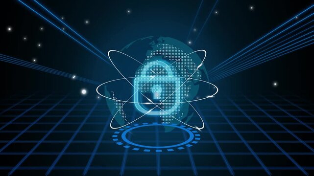Futuristic cyber security concept: glowing padlock over digital globe with orbit lines, laser beams, and grid floor in blue neon sci-fi style.