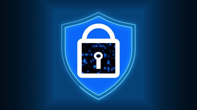 Glowing blue shield icon with padlock and keyhole, symbolizing cybersecurity, data protection, and secure access on a dark digital background.
