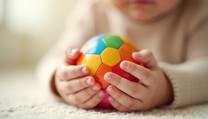 Naklejka premium Child with playful expression holding colorful ball on soft background