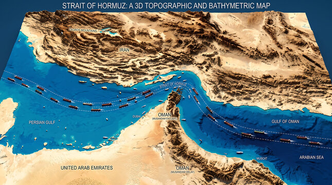 Strait of Hormuz 3D Topographic and Bathymetric Map with Shipping Traffic