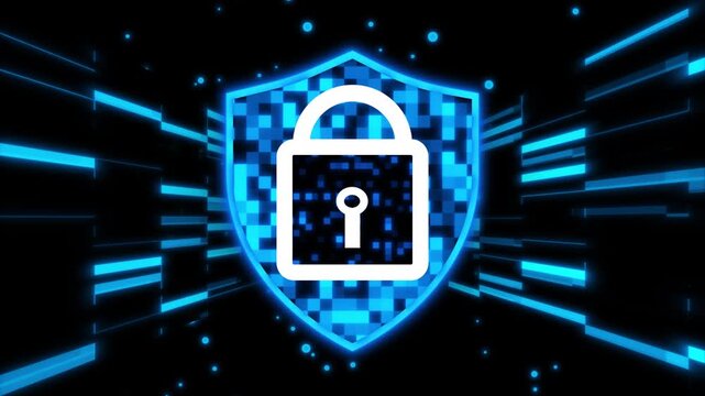 Glowing blue shield with padlock icon and digital pixel pattern, abstract cybersecurity and data protection concept with streaming lines and particles on dark background